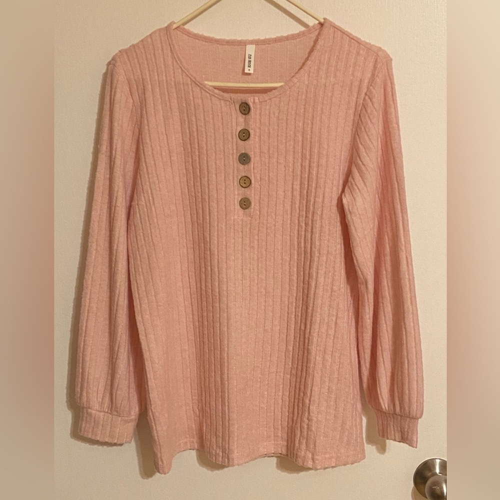 DB MOON Women’s Long Sleeve Lightweight Ribbed Pink Sweater, Size Small